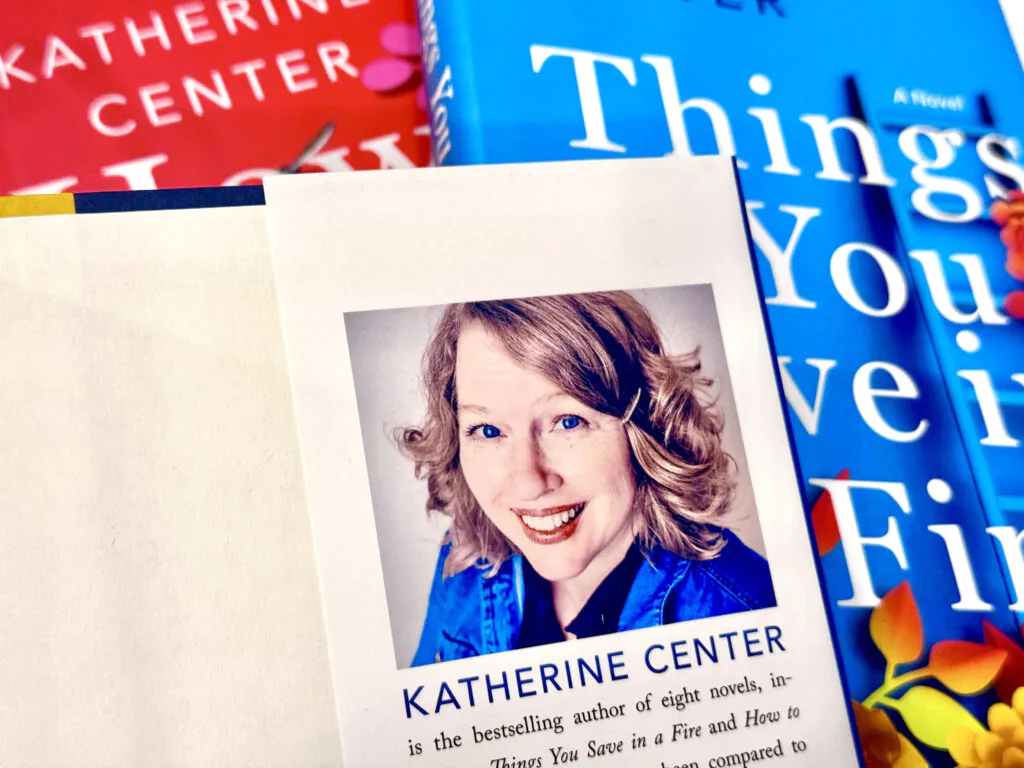 Stack of Katherine Center books with one open to Katherine Center's author photo and bio