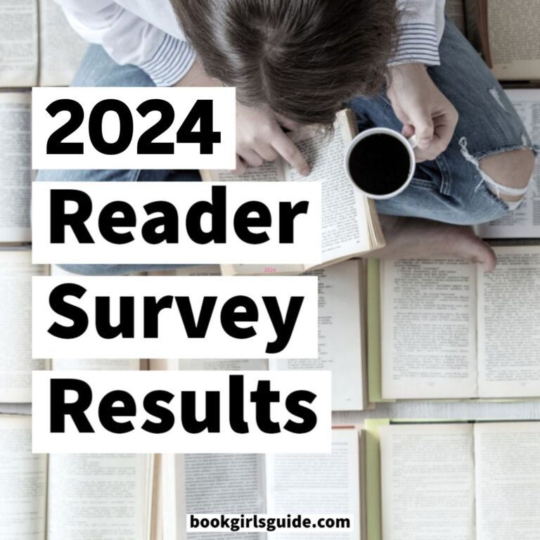 2024 Reader Survey Results text on background of a woman sitting crosslegged surrounded by open books