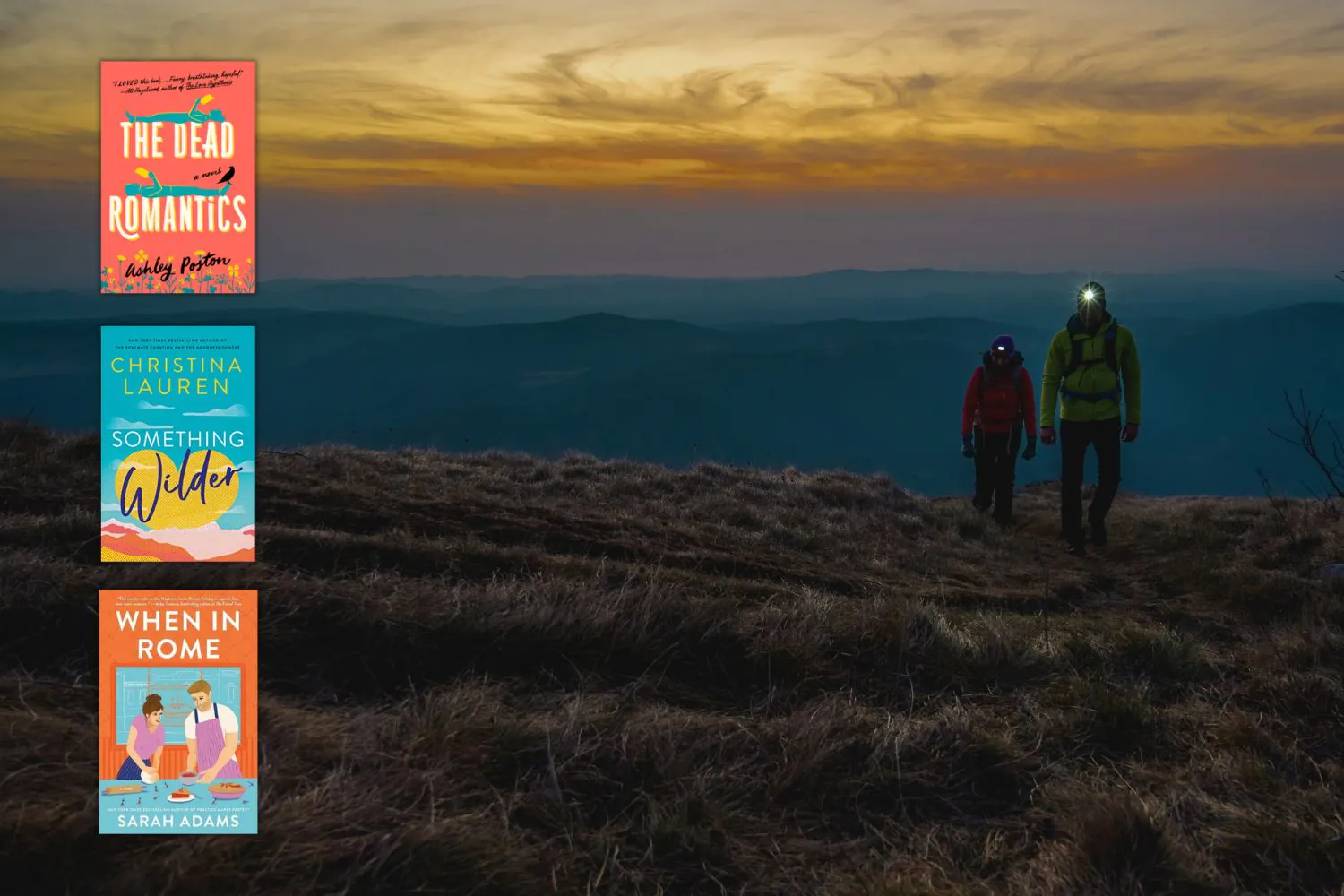 Couple hiking in isolated open area with 3 books overlaid
