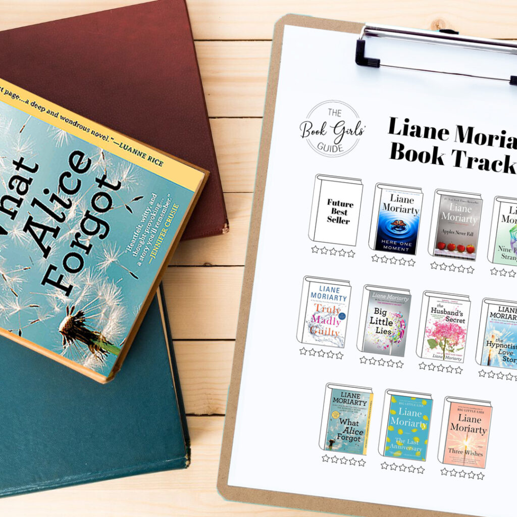 Liane Moriarty Printable Book Tracker on clipboard with stack of books