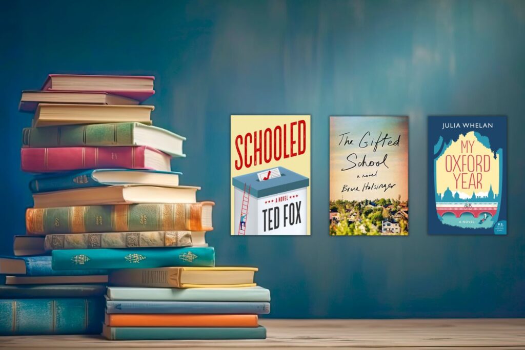 Stack of aged books on the left and three side by side book covers about schools on the right