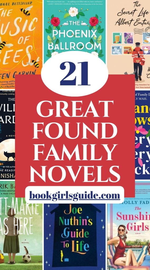 Numerous book covers overlaid by text that reads 21 Great Found Family Novels