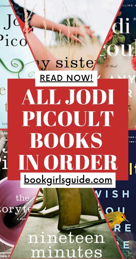 Portions of six book covers with a red rectangle in the center and white text that reads All Jodi Picoult Books in Order