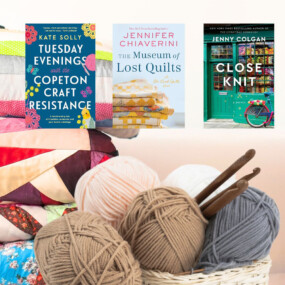 Quilting Fiction and Knitting Fiction book covers with a stack of quilts and a basket of yarn