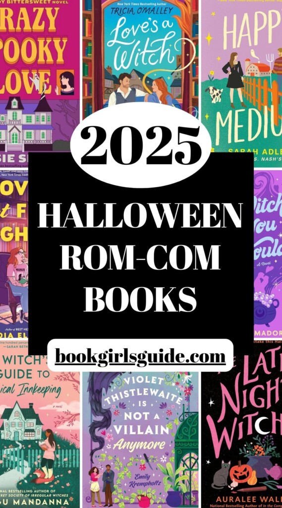 8 book covers around the edges with text in the middle that says 2025 Halloween Rom Com Books