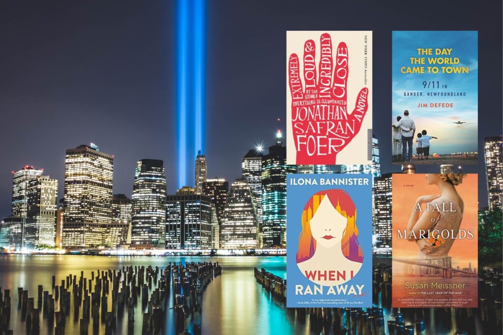 Three book covers overlaid on photo of Manhattan skyline with lights in place of Twin Towers