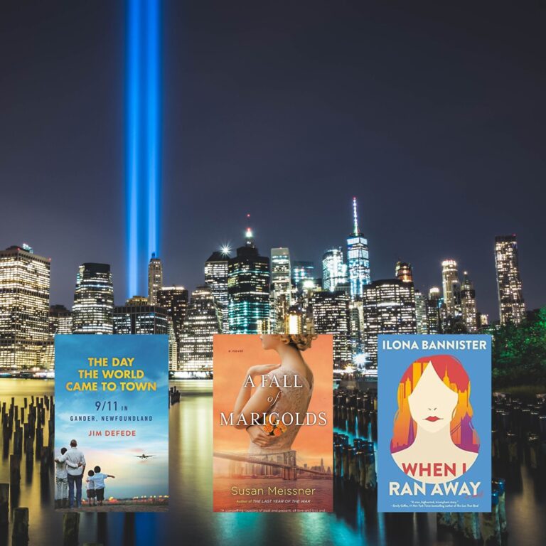 Three book covers overlaid on photo of Manhattan skyline with lights in place of Twin Towers