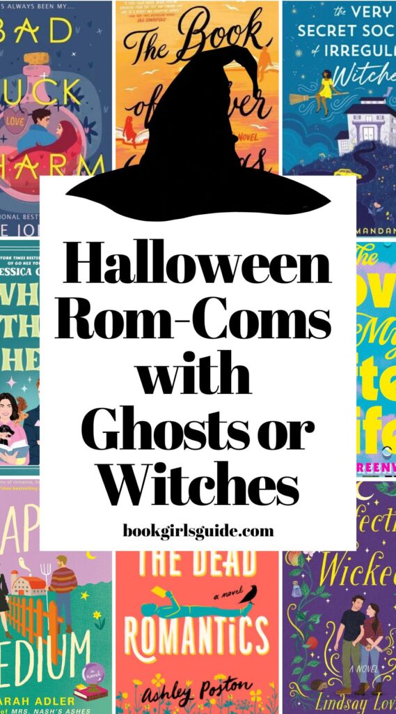 Eight Halloween Romance book covers with a white box in the center and black text that reads Halloween Rom-Coms with Ghosts or Witches