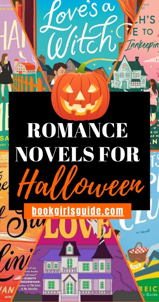 Six partial book covers with text in the middle that says Romance Noves For Halloween