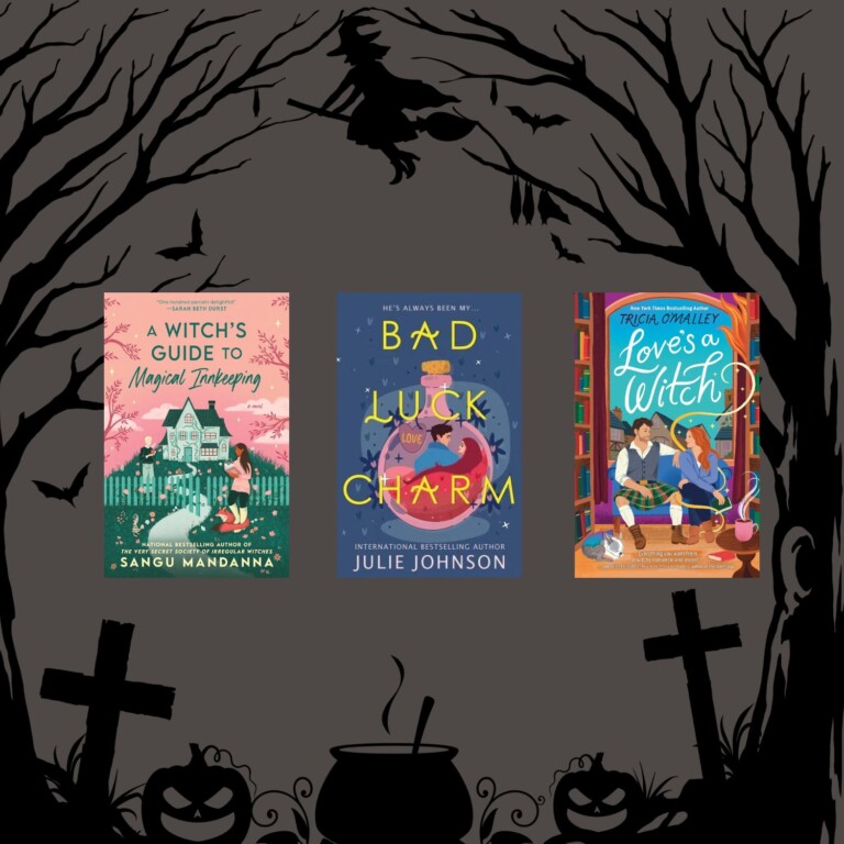 Book covers of three Halloween themed rom coms featuring witches on a dark background with a Halloween night scene and a witch in the sky