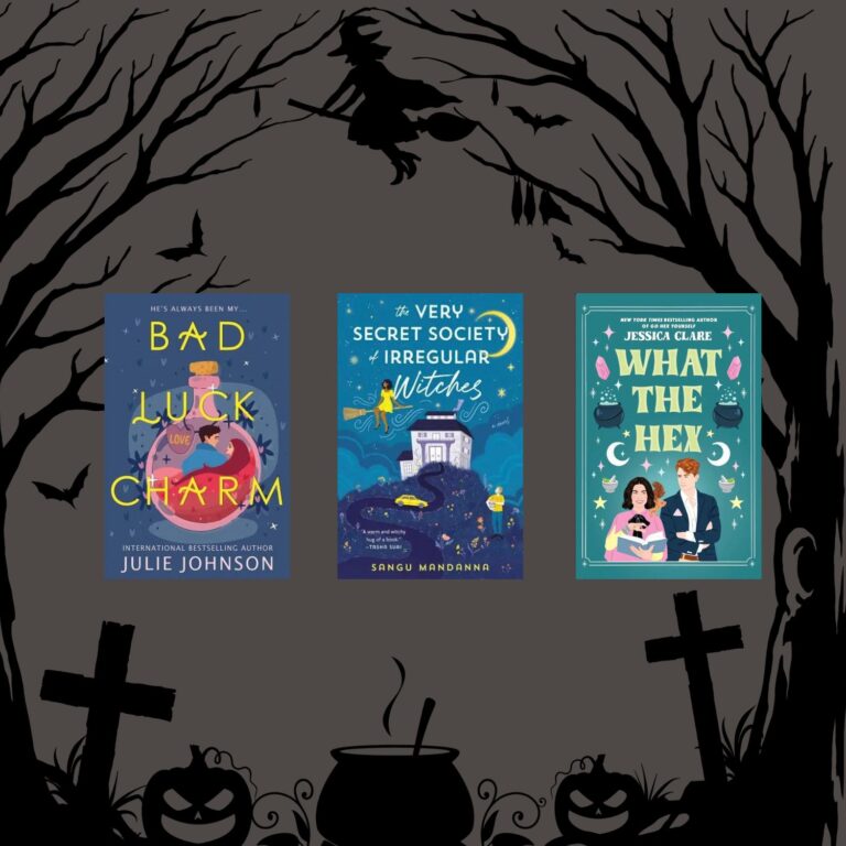 Book covers of three Halloween themed rom coms featuring witches on a dark background with a Halloween night scene and a witch in the sky