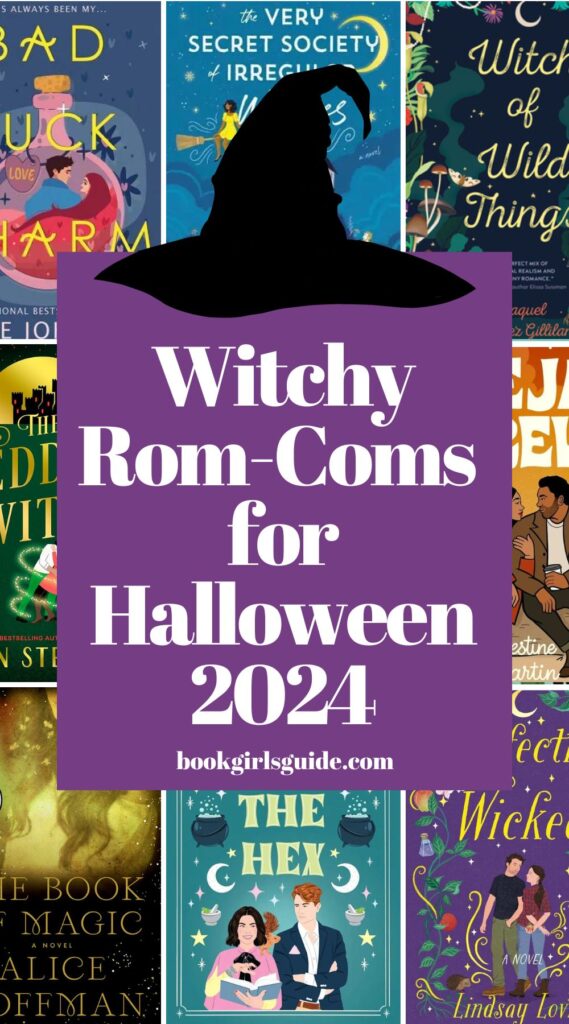 eight book covers around the edges with text in the middle that reads Witchy Rom Coms for Halloween 2024