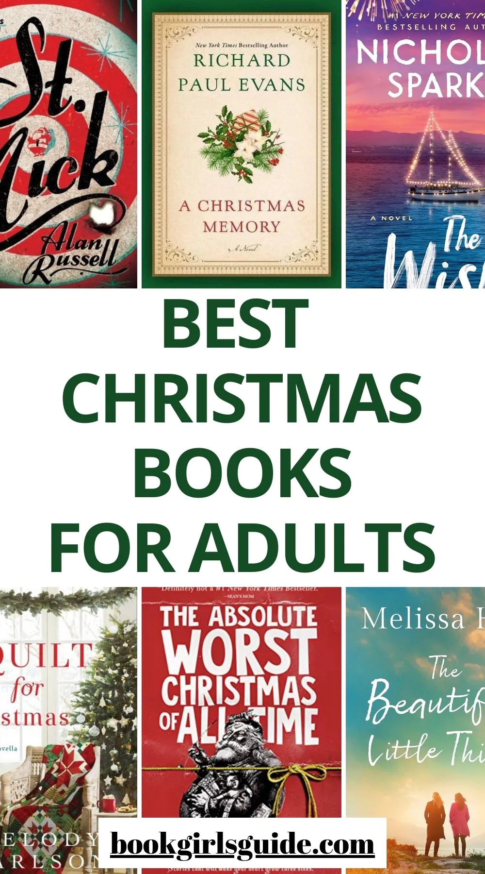 three Christmas book covers at the top and three at the bottom with text in the middle that reads Best Christmas Books for Adults