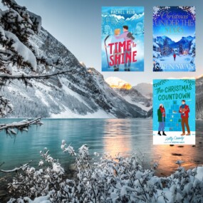 Photo of snowy Banff, Canada, with three Christmas book covers in the top right corner