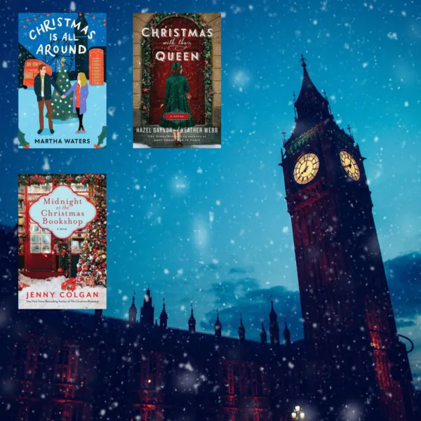 Photo of London's Big Ben at dusk against a deep blue snowy sky. The book covers in the upper left hand corner featuring books set in the United Kingdom at Christmas time