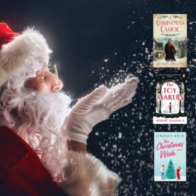 Santa magically blowing snow and three book covers