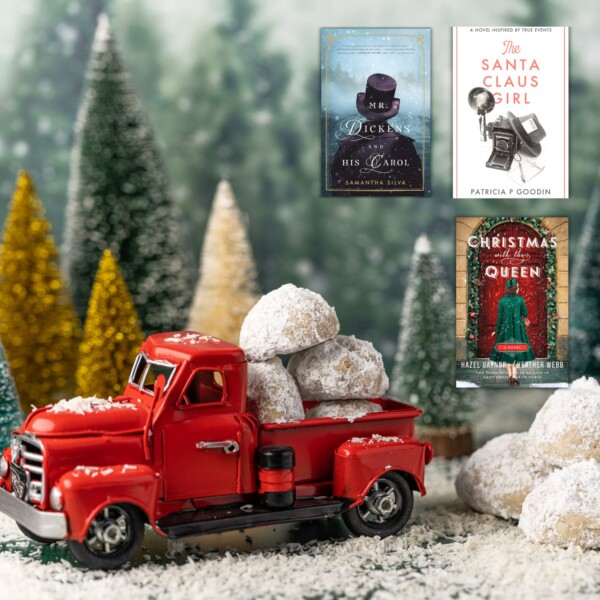 Toy vintage red truck in snowy forest of bottle brush trees