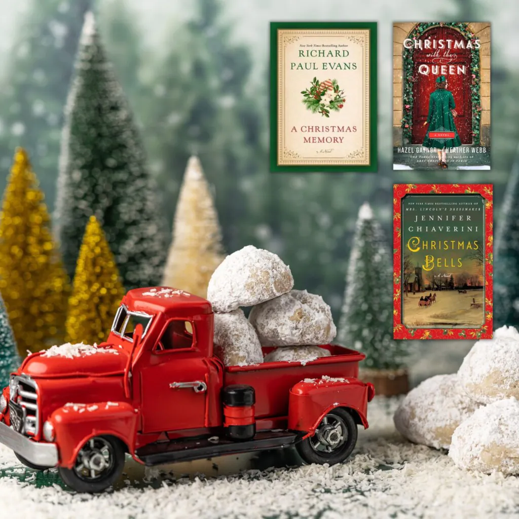 Toy vintage red truck in snowy forest of bottle brush trees