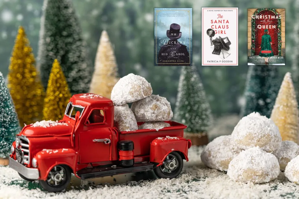 Toy vintage red truck in snowy forest of bottle brush trees