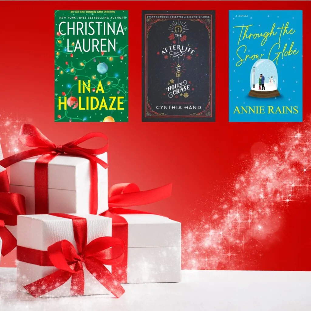 White presents with red ribbons on a red background with magical snow blowing through and three Christmas book covers in the top right corner