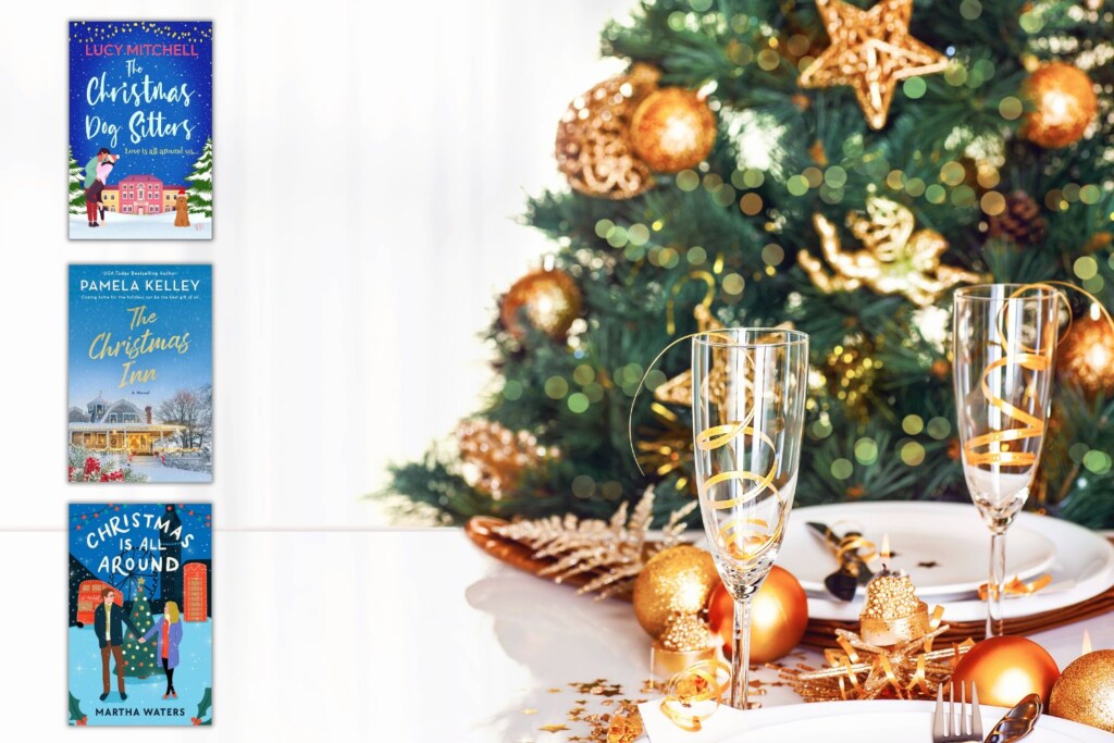 Three books next to Christmas tree with gold decor and table with white and gold place settings.