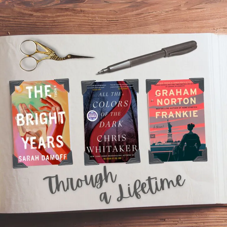 Book covers in a scrapbook representing novels with characters who span a lifetime