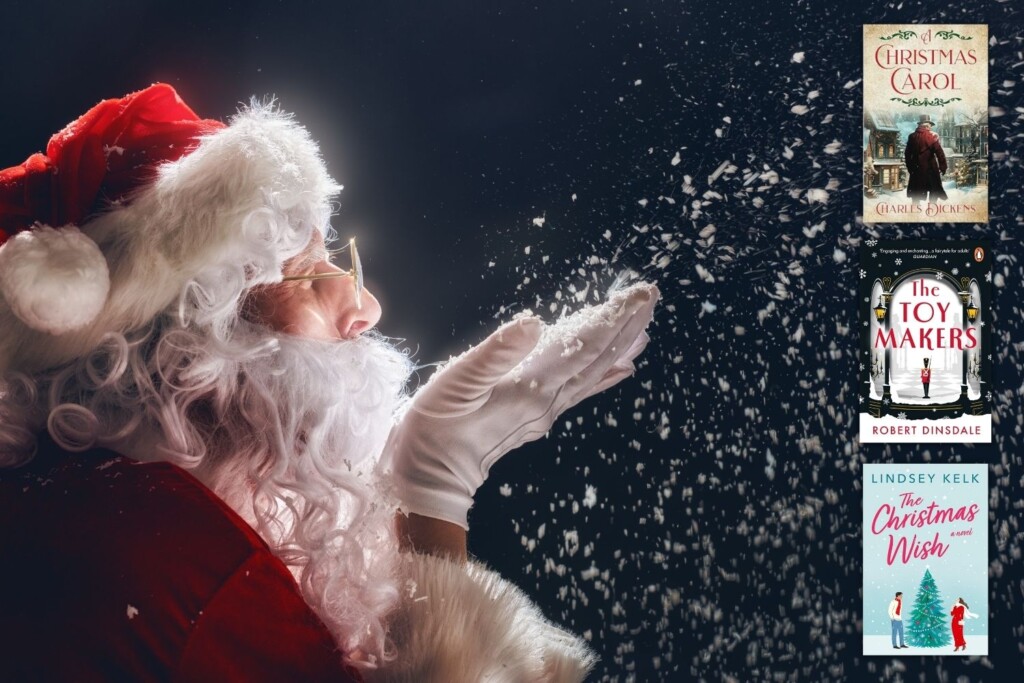 Santa magically blowing snow and three book covers