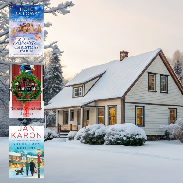 Snowy covered house in North Carolina with three covers of Christmas books set in North Carolina on the left side of the image