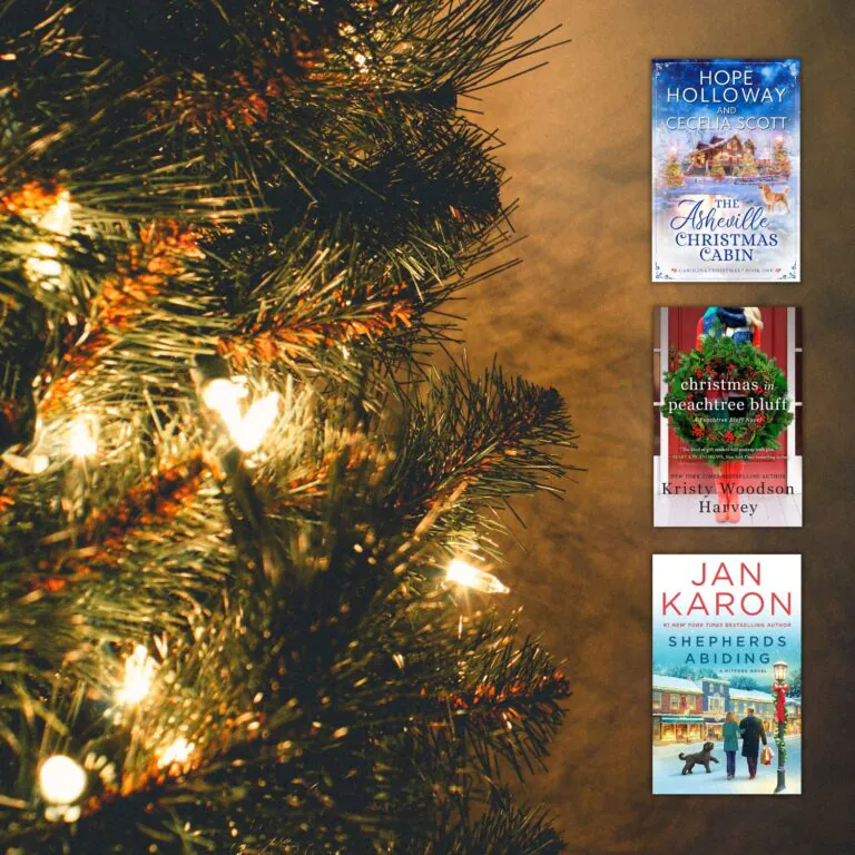 close of of christmas tree with lights on brown background with book covers overlaid