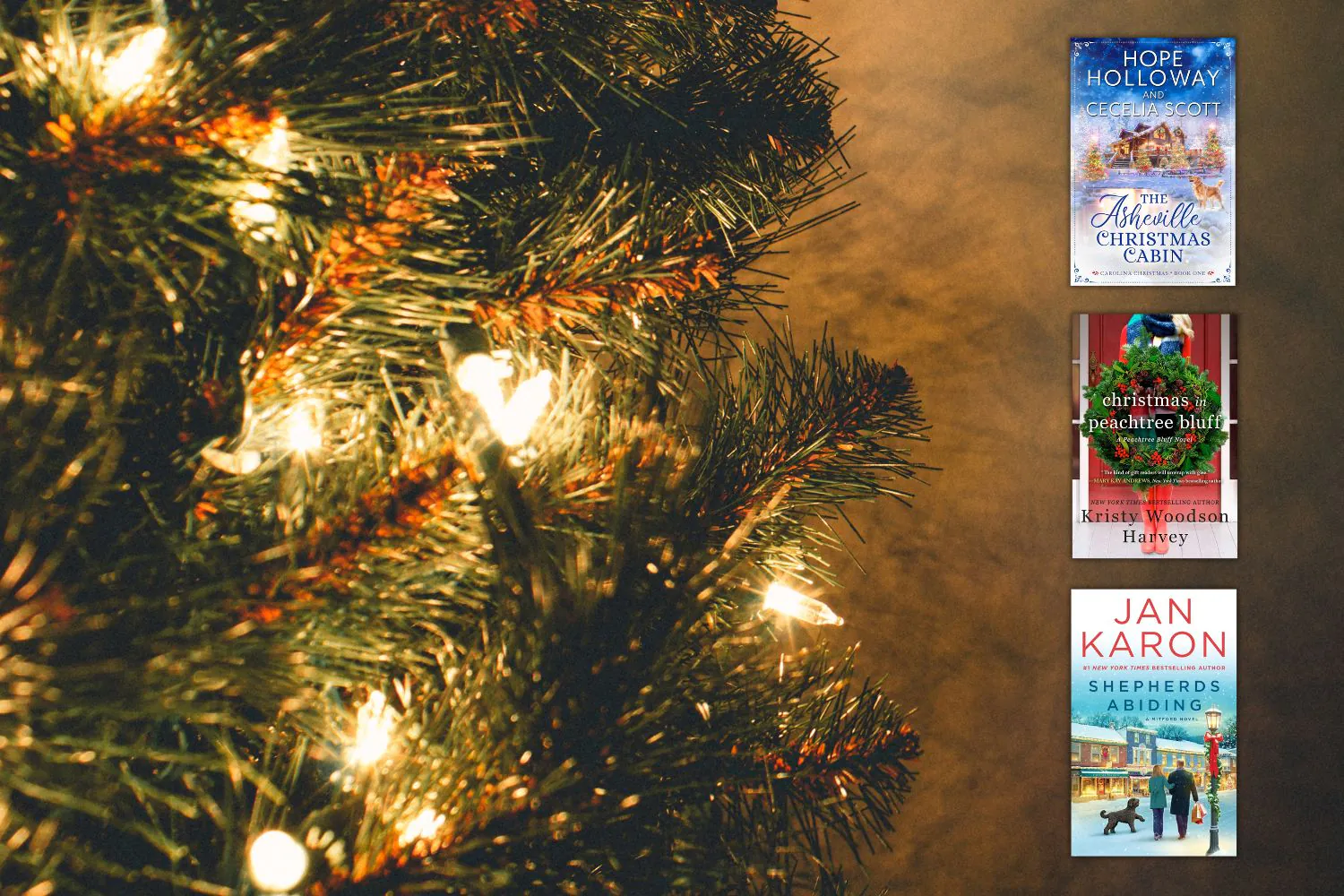 close of of christmas tree with lights on brown background with book covers overlaid