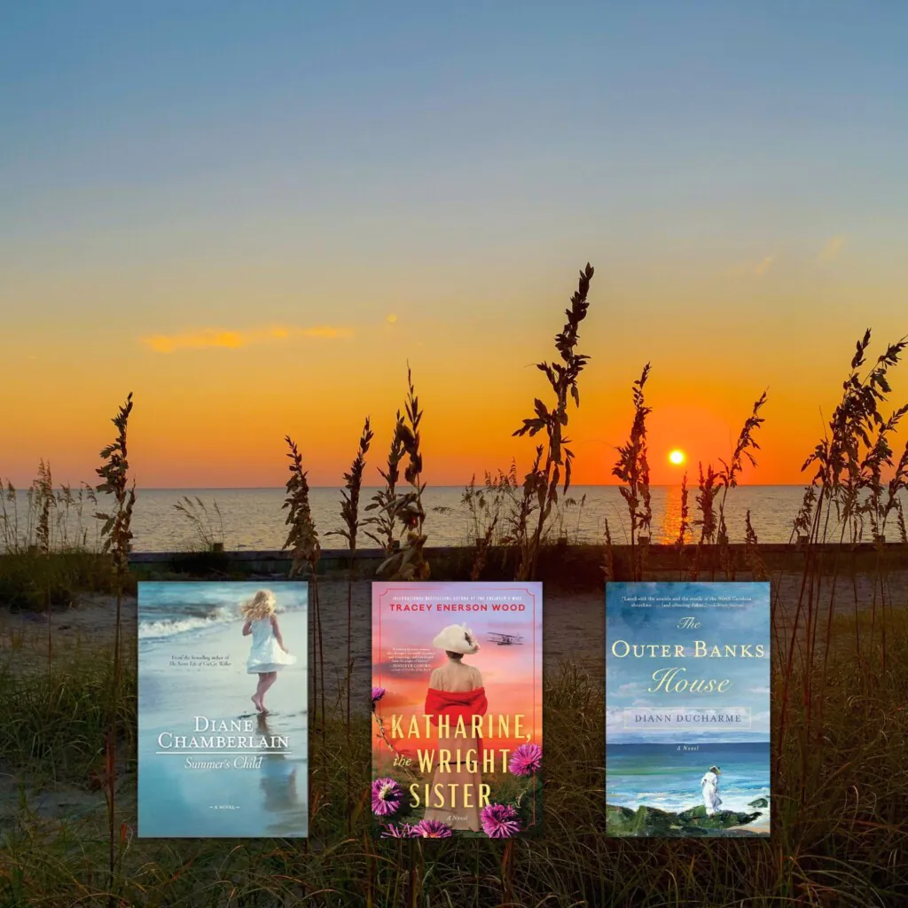 Sunset beach with tall grass & 3 books