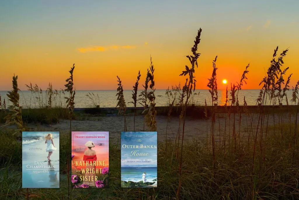 Sunset beach with tall grass & 3 books