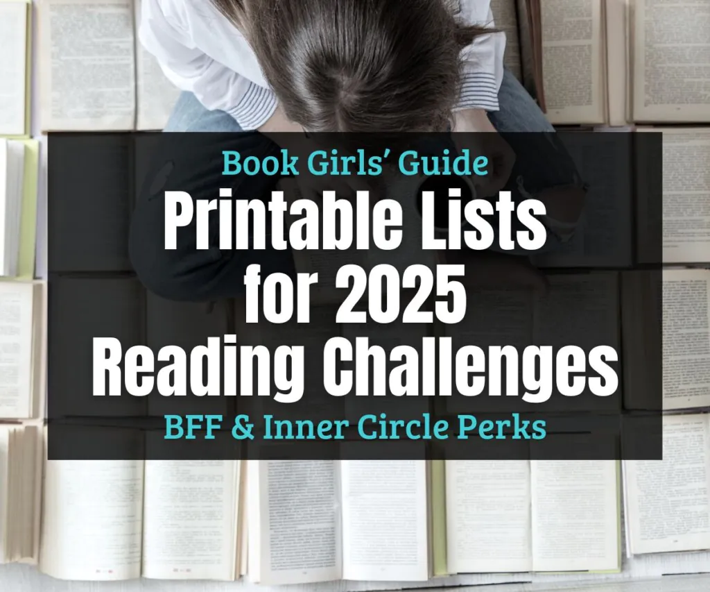 top down view of woman sitting on books with text overalp promoting printable booklists