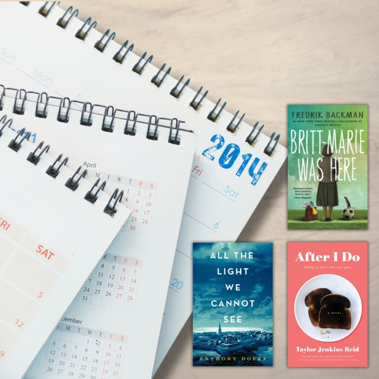 stack of calendars and 3 book covers