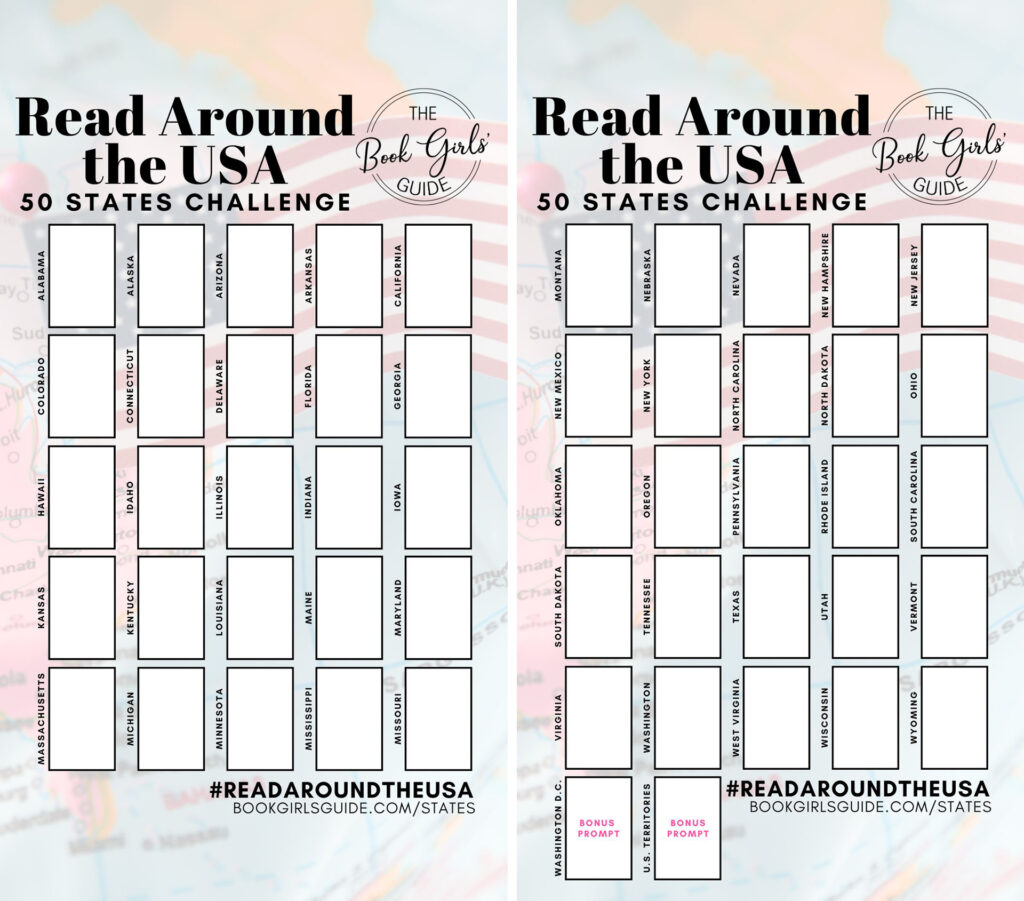 50 States 2025 Reading Challenge Social Sharing Template with space to add book covers for each of the reading prompts