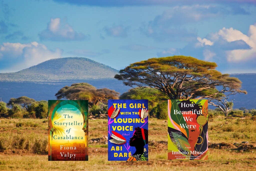 African savannah photo with three book covers on top