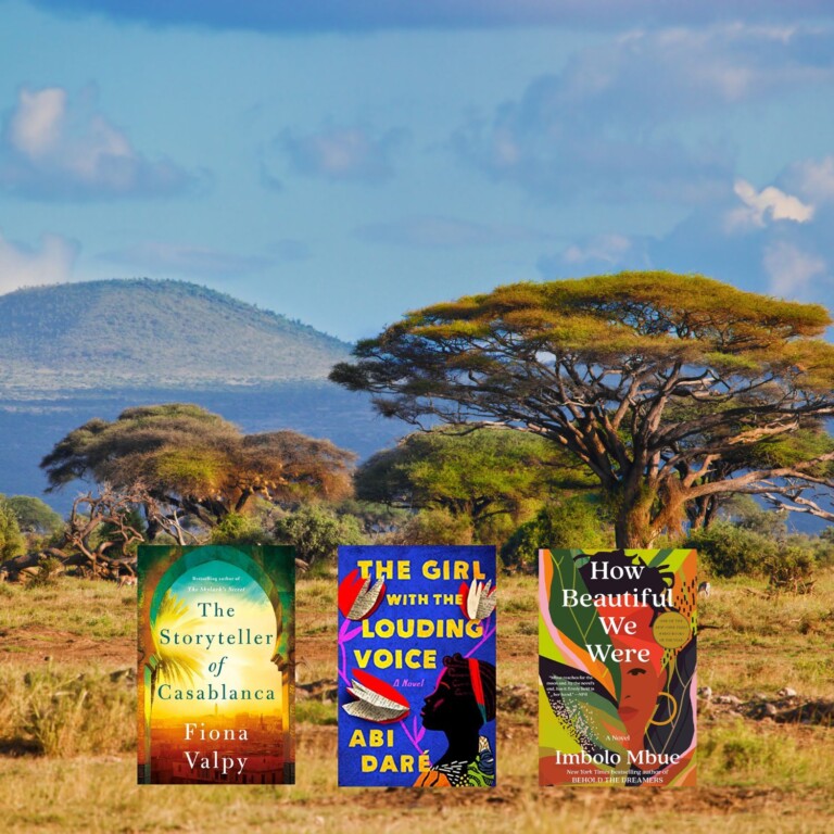 African savannah photo with three book covers on top