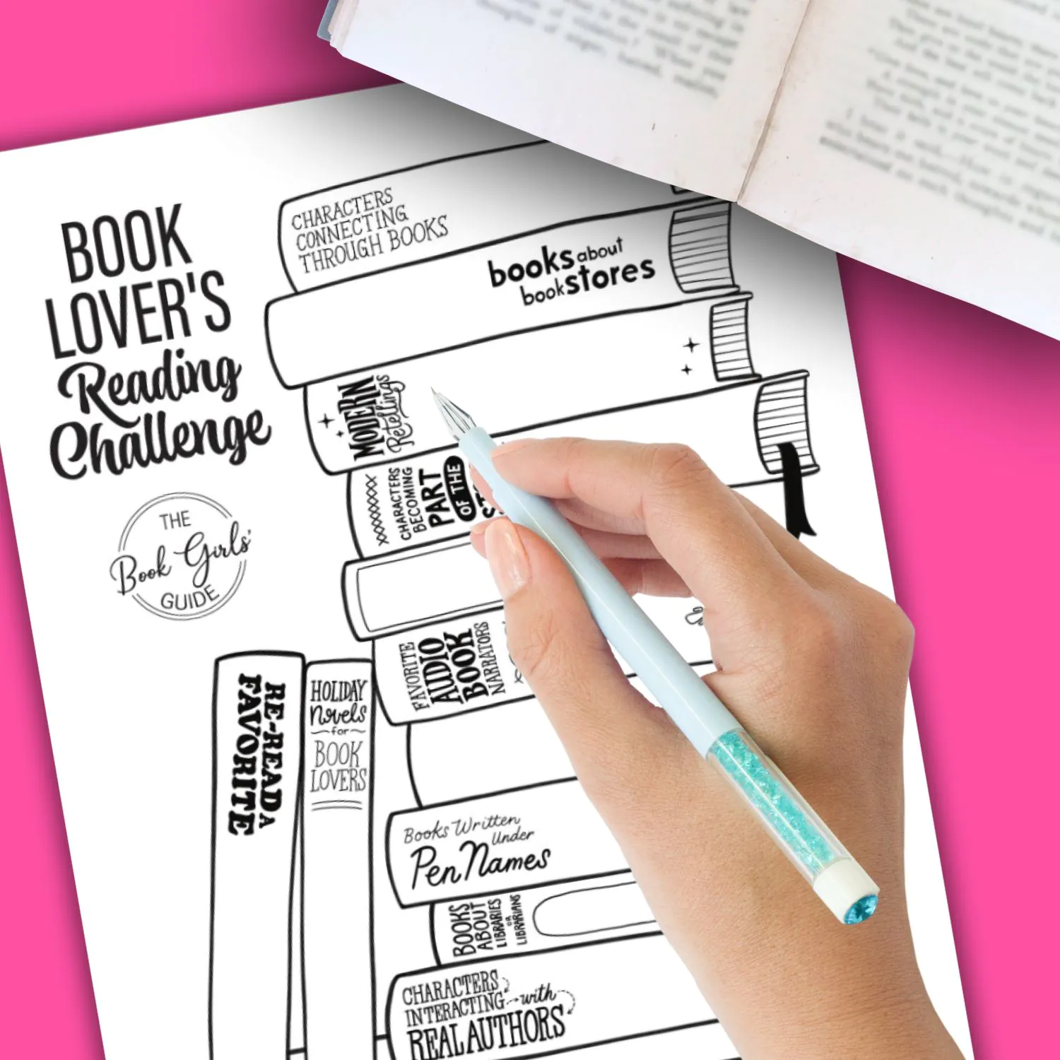 Image of the reading tracker for the Book Lovers Reading Challenge on a pink background