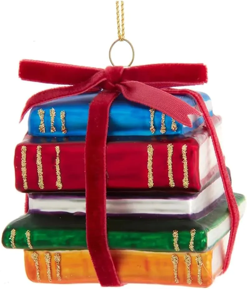 Book Stack Christmas Ornament tied with red ribbon