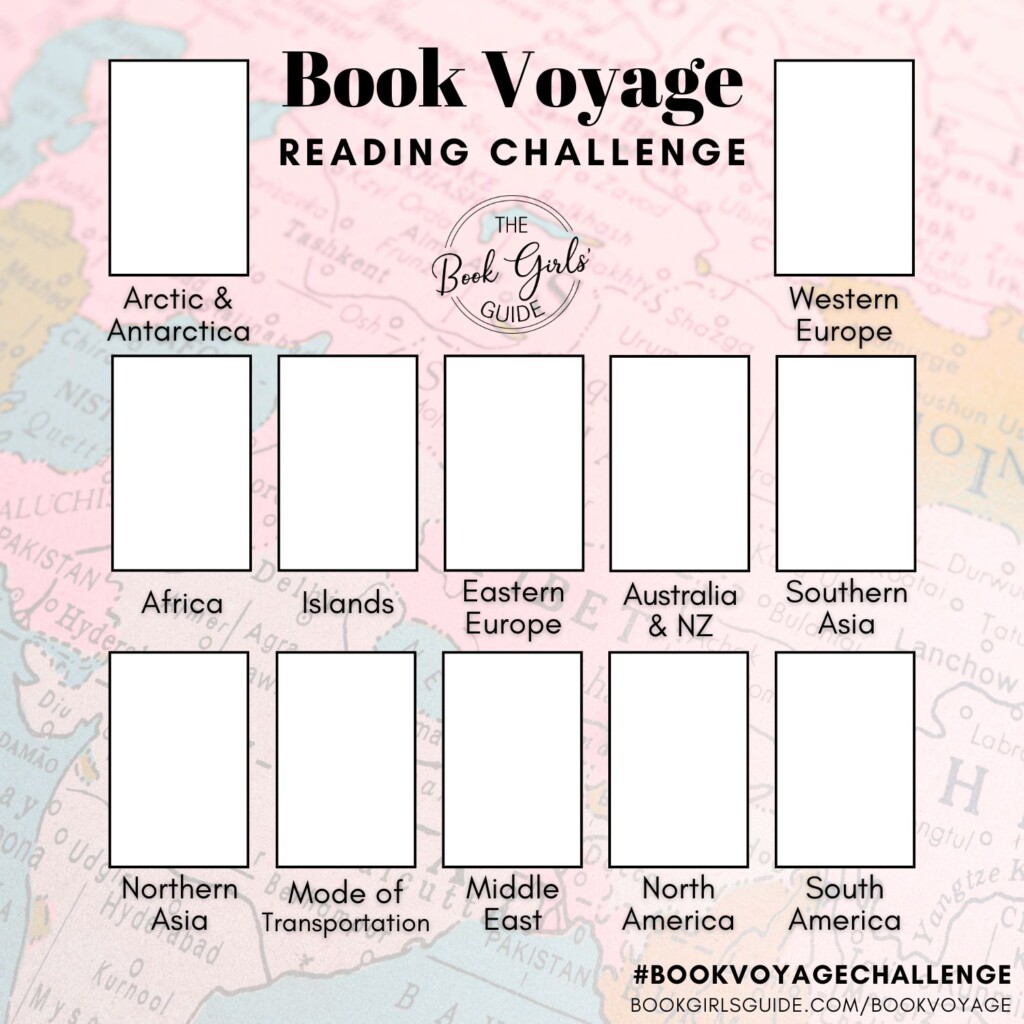 2025 Book Voyage Reading Challenge Social Sharing Template with space to add book covers for each of the reading prompts