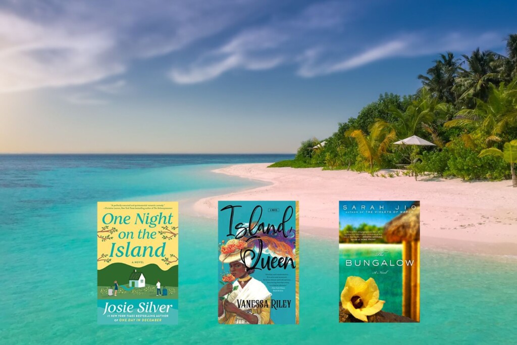 Tropical island photo with three book covers on top