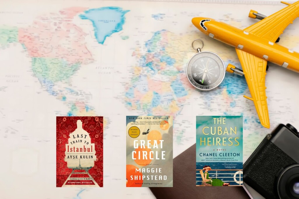 World map photo with toy airplane and three book covers on top