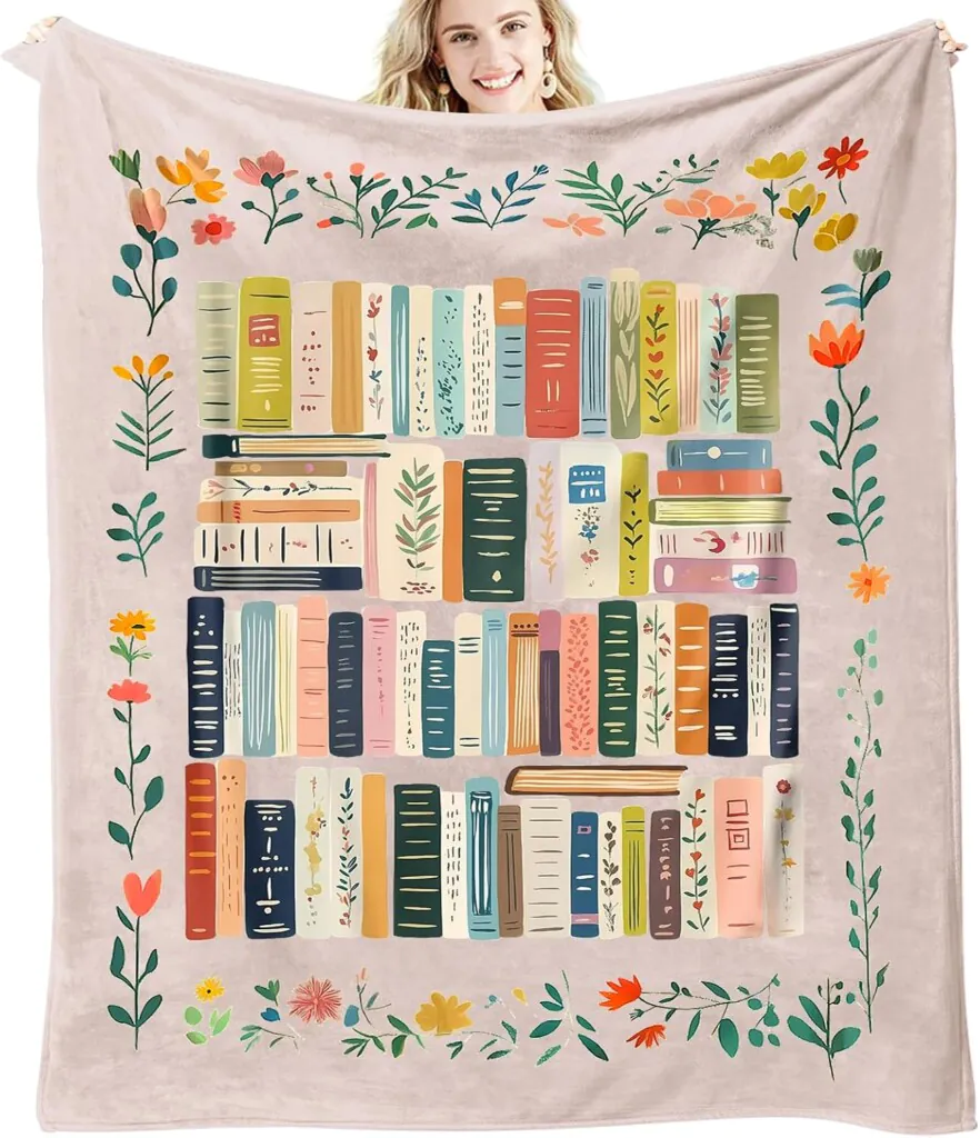 Cozy blanket featuring rows of books surrounded by a border of flowers
