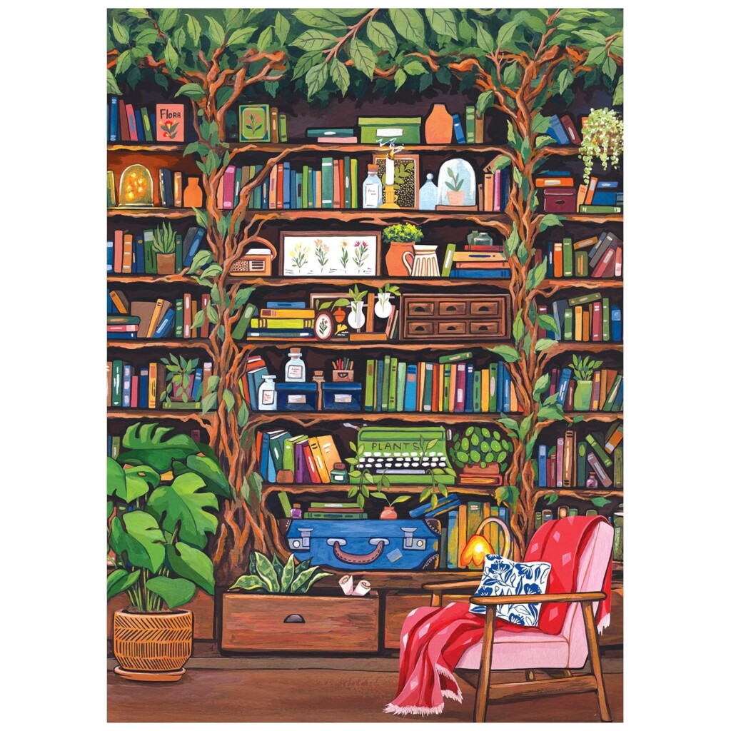Puzzle of whimsical bookshelves filled with books and vintage treasures and surrounded by vines and leaves