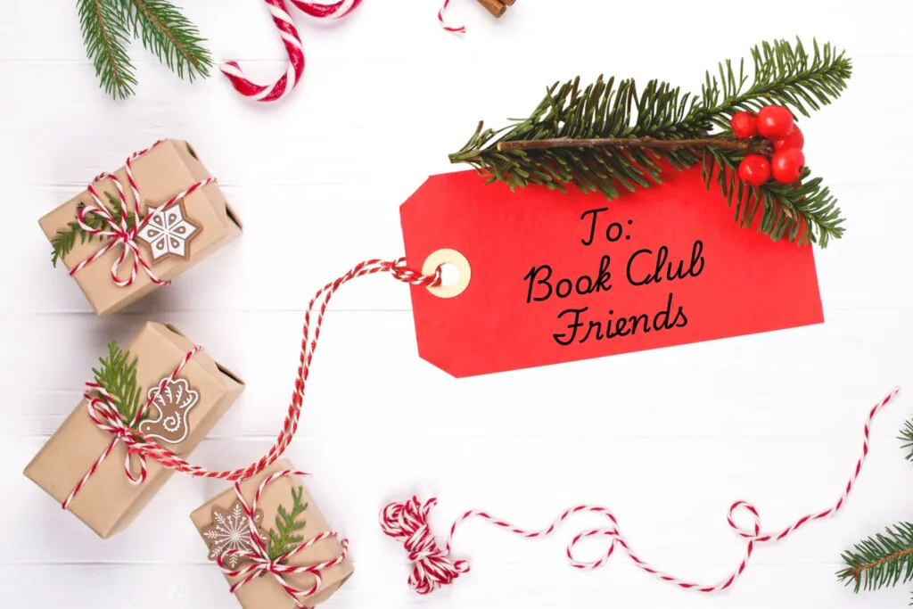 presents and red gift tag reading "To: Book Club Friends"