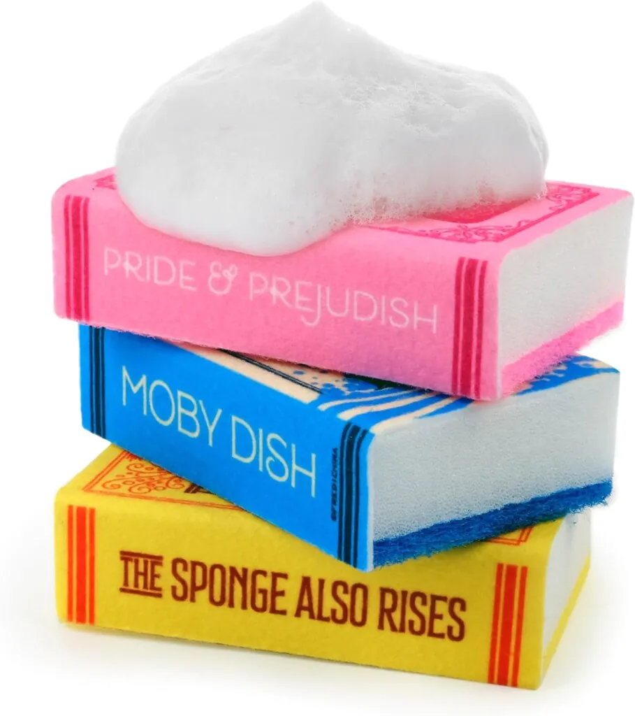 Stack of three sponges designed to look like classic books