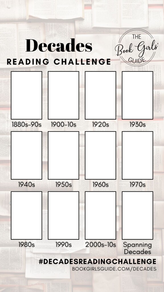 2025 Decades Reading Challenge Social Sharing Template with space to add book covers for each of the reading prompts