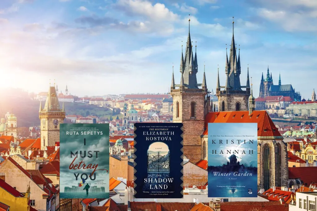 Eastern European architecture photo with three book covers on top