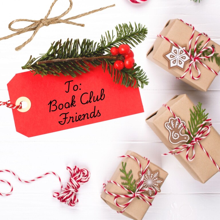 presents and red gift tag reading "To: Book Club Friends"