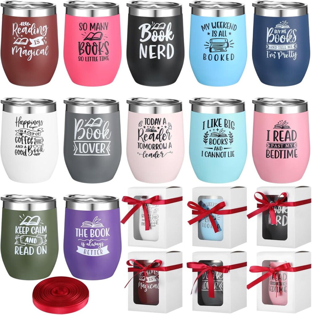 Colorful insulated wine tumblers with a variety of bookish sayings